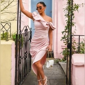 Womens Dresses | Blush Satin Off Shoulder Ruffle Midi Dress